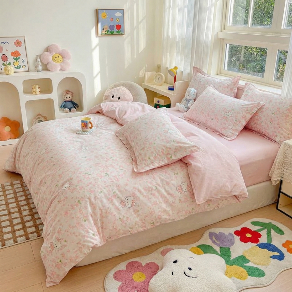 91家纺网 家纺一手货源 找家纺 U品汇 2026春夏新品全棉纯棉长绒棉印花四件套学生三件套100%棉小清新13070 凯蒂咪粉