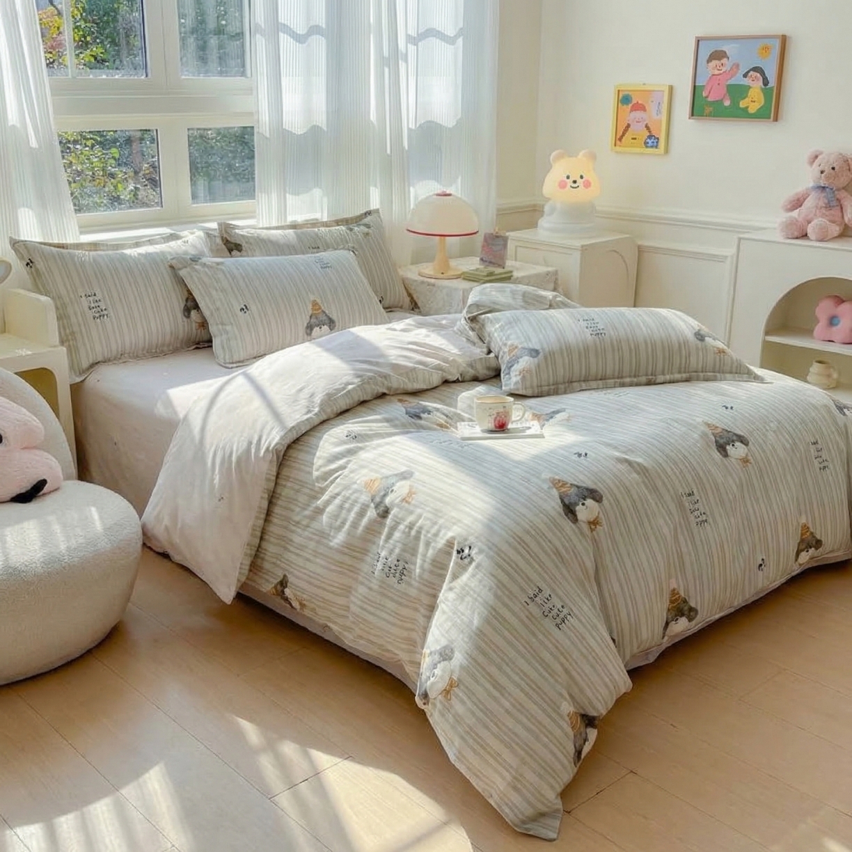 91家纺网 家纺一手货源 找家纺 U品汇 2026春夏新品全棉纯棉长绒棉印花四件套学生三件套100%棉小清新13070 柯基先生
