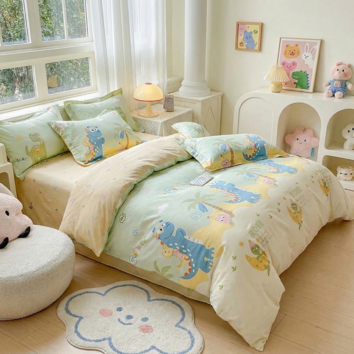 91家纺网 家纺一手货源 找家纺 U品汇 2026春夏新品全棉纯棉长绒棉印花四件套学生三件套100%棉小清新13070 恐龙宝宝