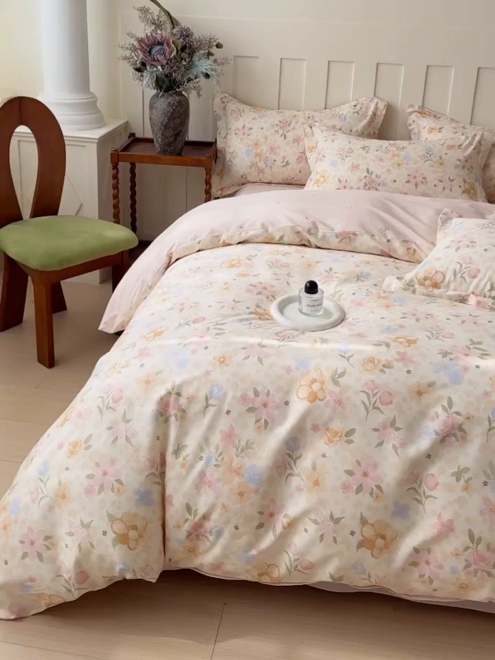 91家纺网 家纺一手货源 找家纺 U品汇 2026春夏新品全棉纯棉长绒棉印花四件套学生三件套100%棉小清新13070 粟米花