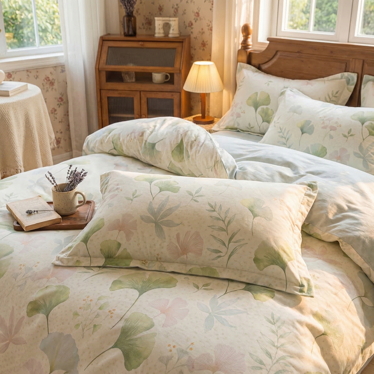 91家纺网 家纺一手货源 找家纺 U品汇 2026春夏新品全棉纯棉长绒棉印花四件套学生三件套100%棉小清新13070 银杏叶