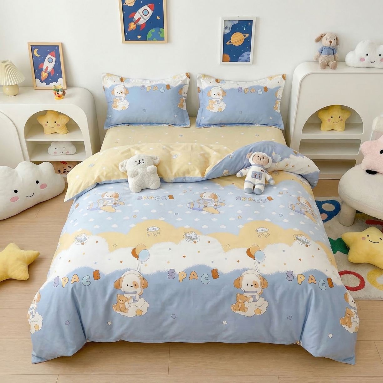 U品汇 2026春夏新品全棉纯棉长绒棉印花四件套学生三件套100%棉小清新13070 宇航员