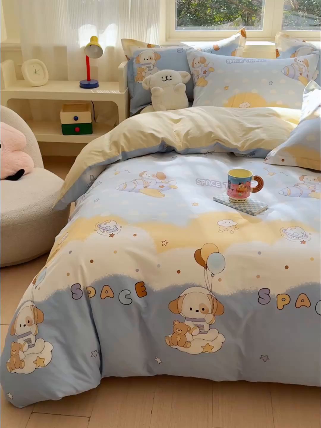 91家纺网 家纺一手货源 找家纺 U品汇 2026春夏新品全棉纯棉长绒棉印花四件套学生三件套100%棉小清新13070 宇航员