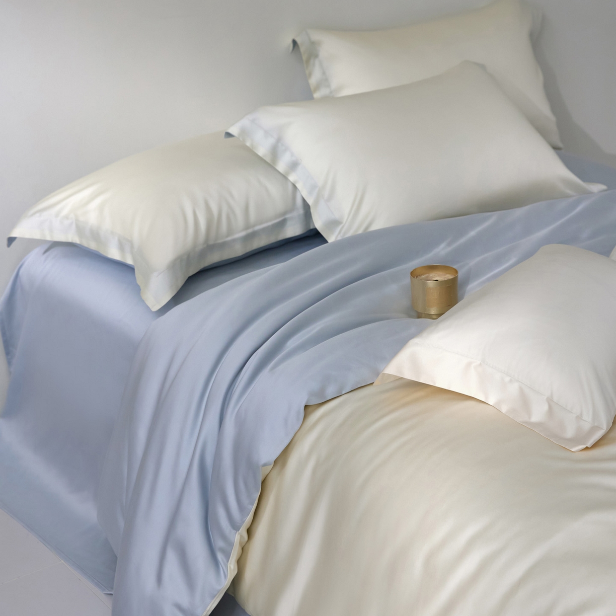 花愿（原花纪） 2026春夏新款全棉纯棉纯色双拼四件套-安娜 安娜-奶油白+浅天蓝