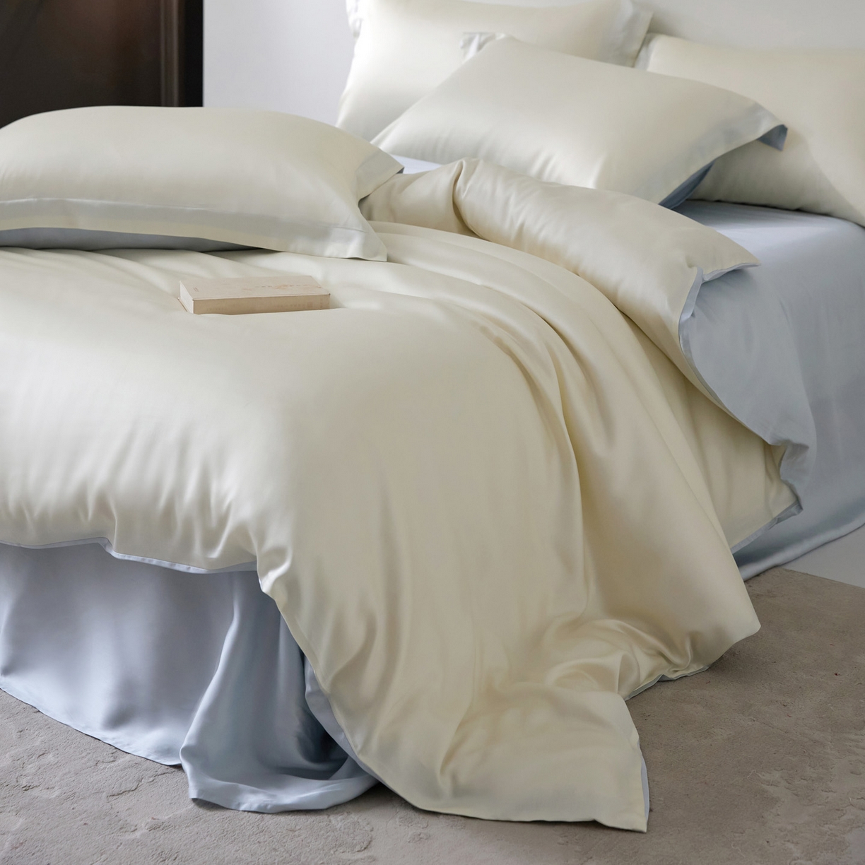 91家纺网 家纺一手货源 找家纺 花愿（原花纪） 2026春夏新款全棉纯棉纯色双拼四件套-安娜 安娜-奶油白+浅天蓝