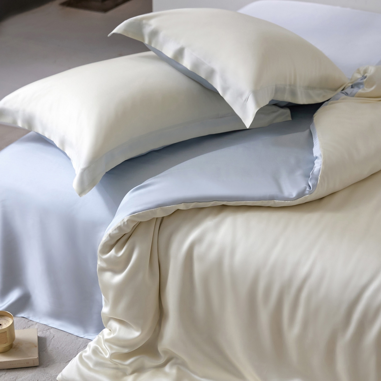 91家纺网 家纺一手货源 找家纺 花愿（原花纪） 2026春夏新款全棉纯棉纯色双拼四件套-安娜 安娜-奶油白+浅天蓝