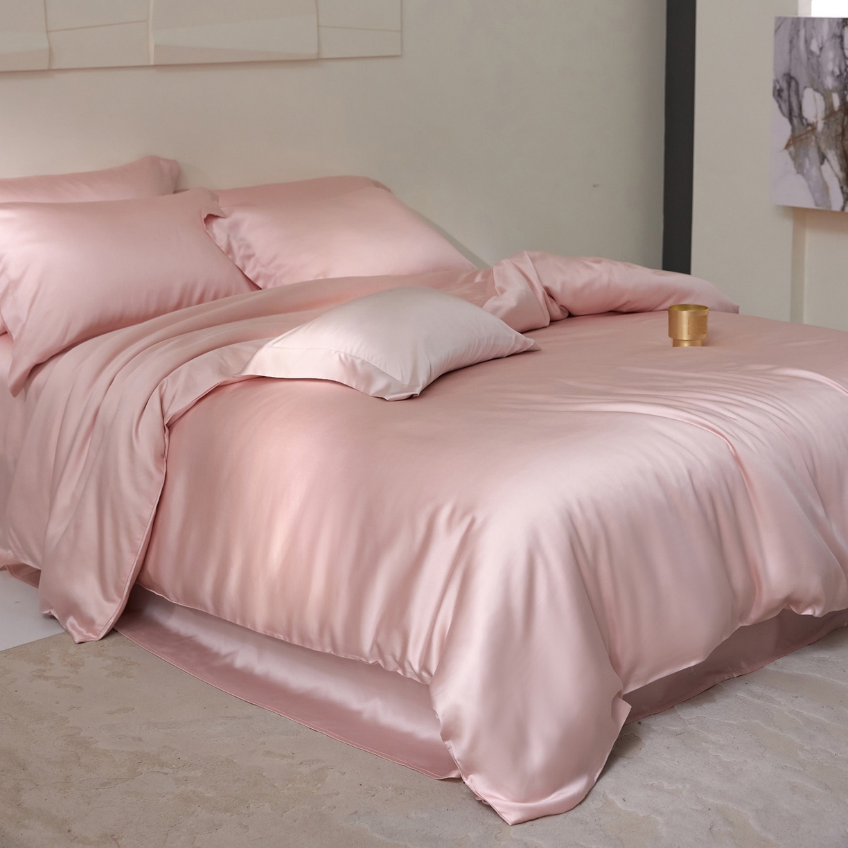 91家纺网 家纺一手货源 找家纺 花愿（原花纪） 2026春夏新款全棉纯棉纯色双拼四件套-安娜 安娜-暖心粉