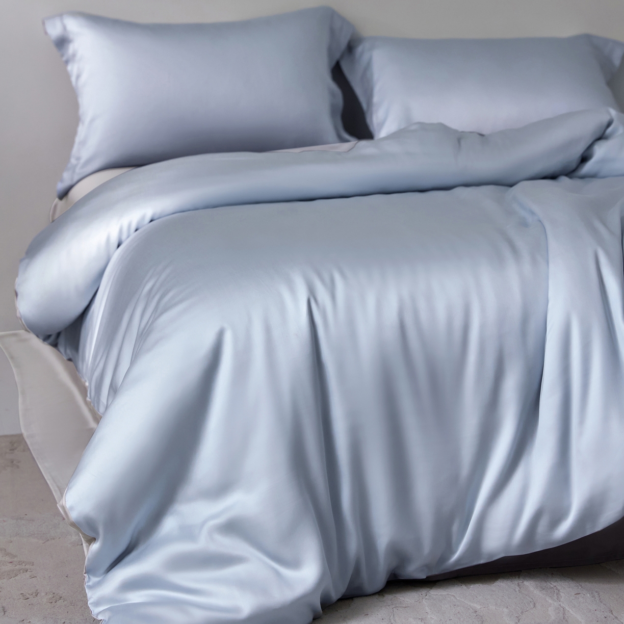 91家纺网 家纺一手货源 找家纺 花愿（原花纪） 2026春夏新款全棉纯棉纯色双拼四件套-安娜 安娜-浅天蓝+珍珠灰