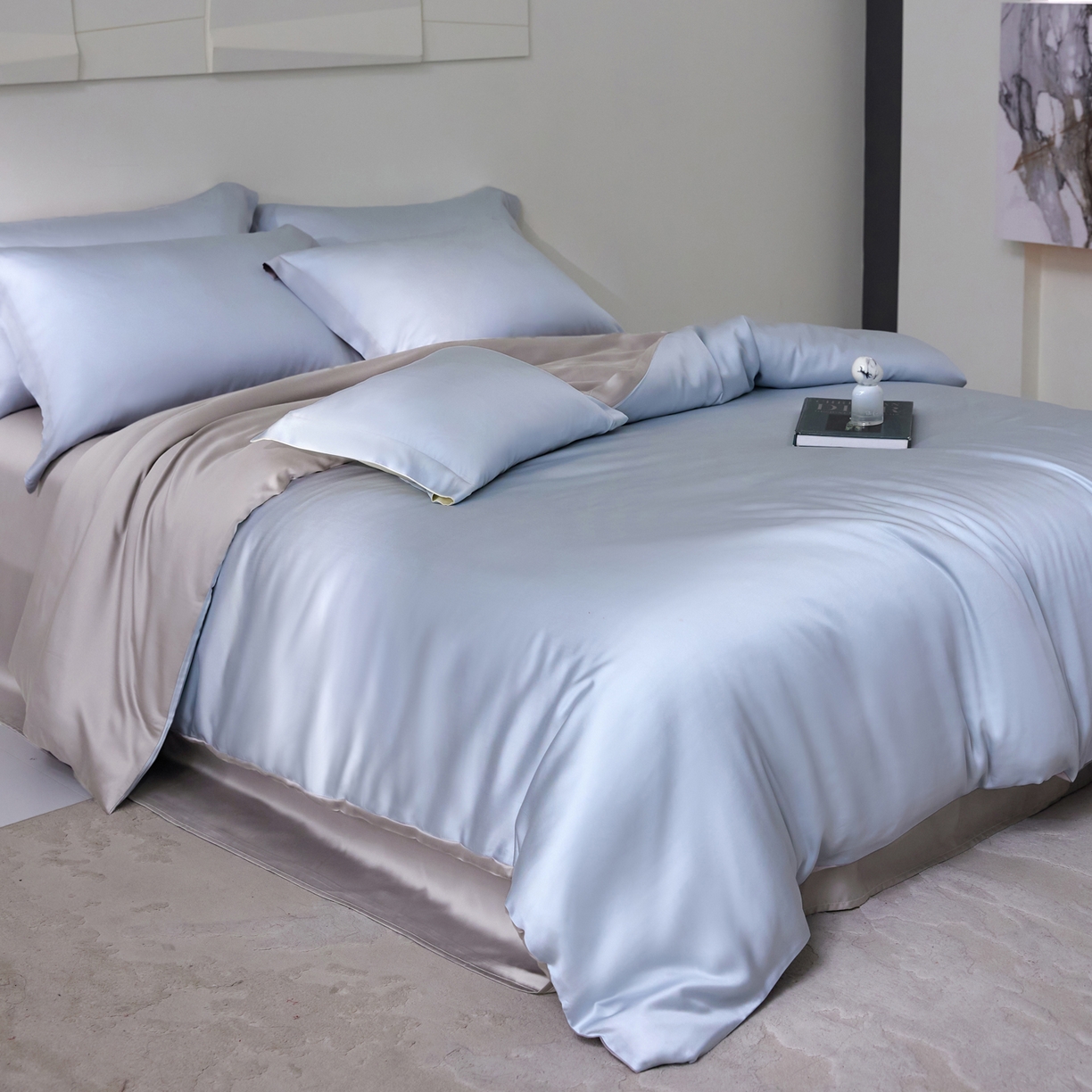 91家纺网 家纺一手货源 找家纺 花愿（原花纪） 2026春夏新款全棉纯棉纯色双拼四件套-安娜 安娜-浅天蓝+珍珠灰