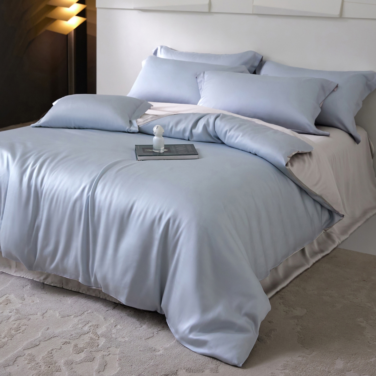 91家纺网 家纺一手货源 找家纺 花愿（原花纪） 2026春夏新款全棉纯棉纯色双拼四件套-安娜 安娜-浅天蓝+珍珠灰