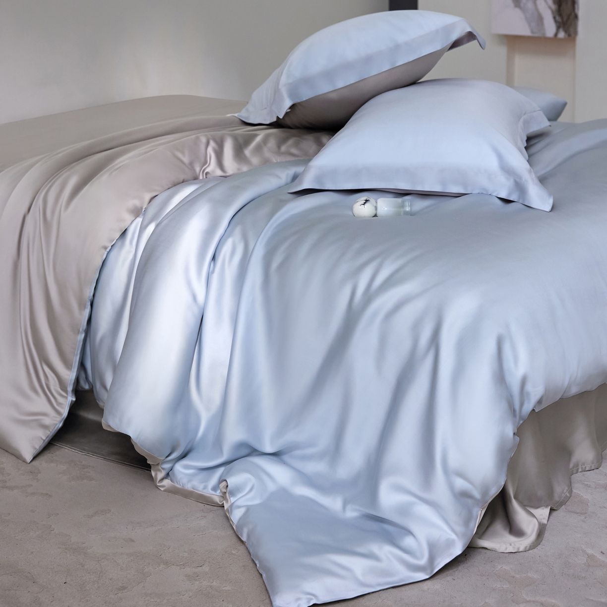 91家纺网 家纺一手货源 找家纺 花愿（原花纪） 2026春夏新款全棉纯棉纯色双拼四件套-安娜 安娜-浅天蓝+珍珠灰