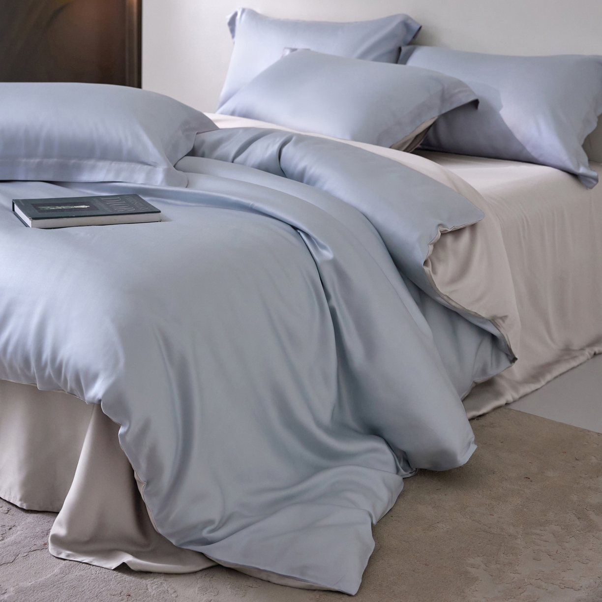 91家纺网 家纺一手货源 找家纺 花愿（原花纪） 2026春夏新款全棉纯棉纯色双拼四件套-安娜 安娜-浅天蓝+珍珠灰