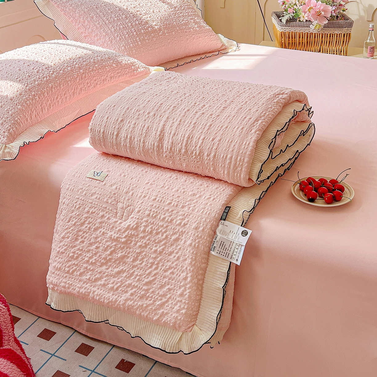 91家纺网 家纺一手货源 找家纺 寐居家纺 2026新款A类韩式提花泡芙夏被夏凉被空调被 桃桃泡芙