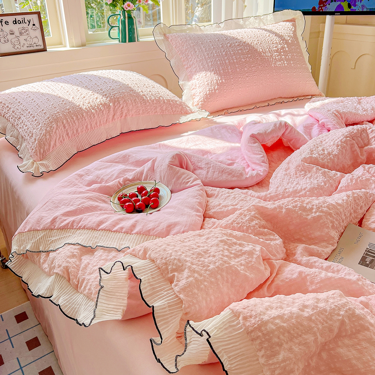 91家纺网 家纺一手货源 找家纺 寐居家纺 2026新款A类韩式提花泡芙夏被夏凉被空调被 桃桃泡芙