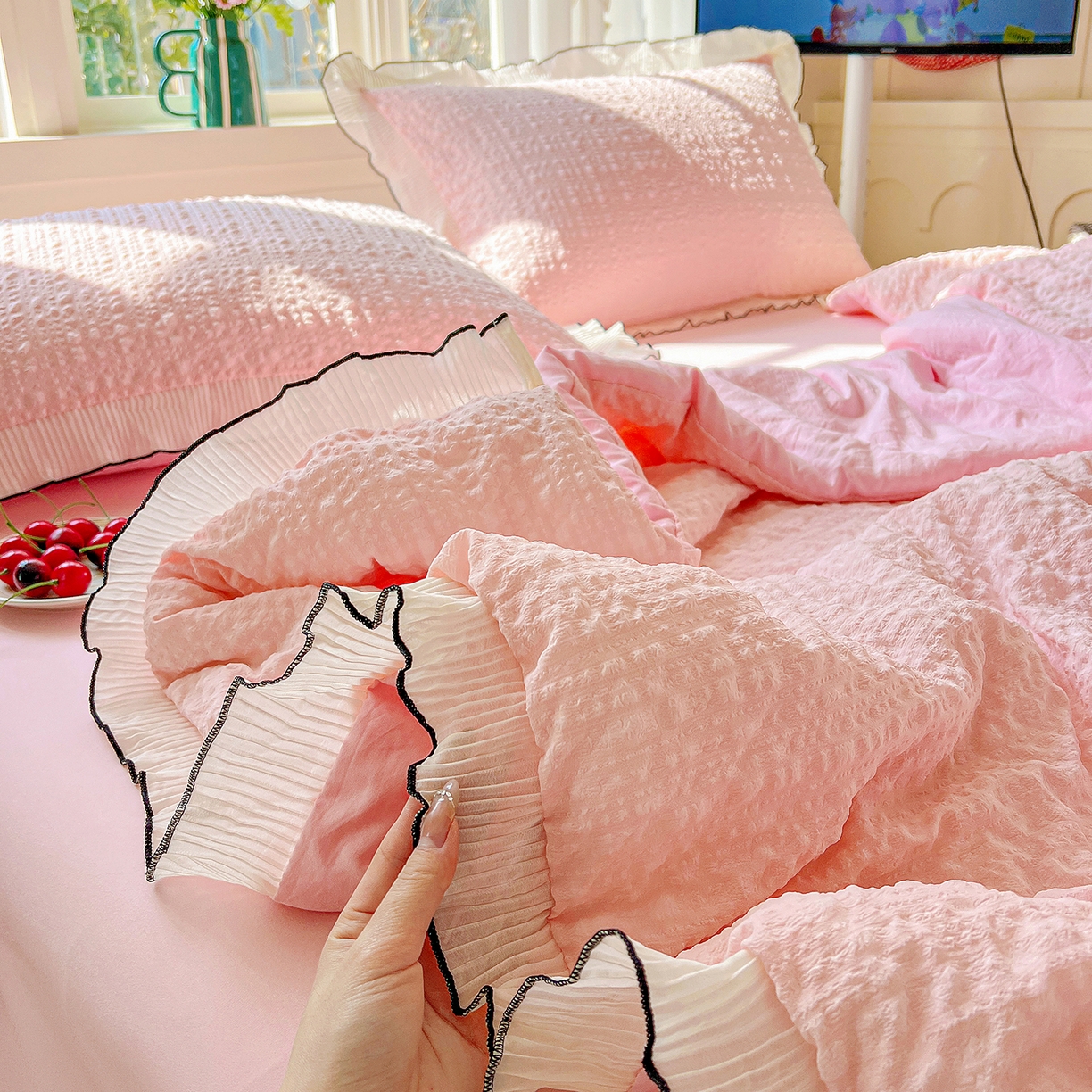 91家纺网 家纺一手货源 找家纺 寐居家纺 2026新款A类韩式提花泡芙夏被夏凉被空调被 桃桃泡芙