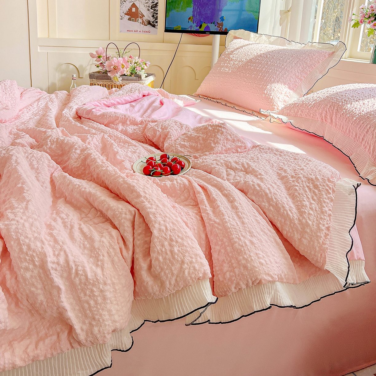 91家纺网 家纺一手货源 找家纺 寐居家纺 2026新款A类韩式提花泡芙夏被夏凉被空调被 桃桃泡芙