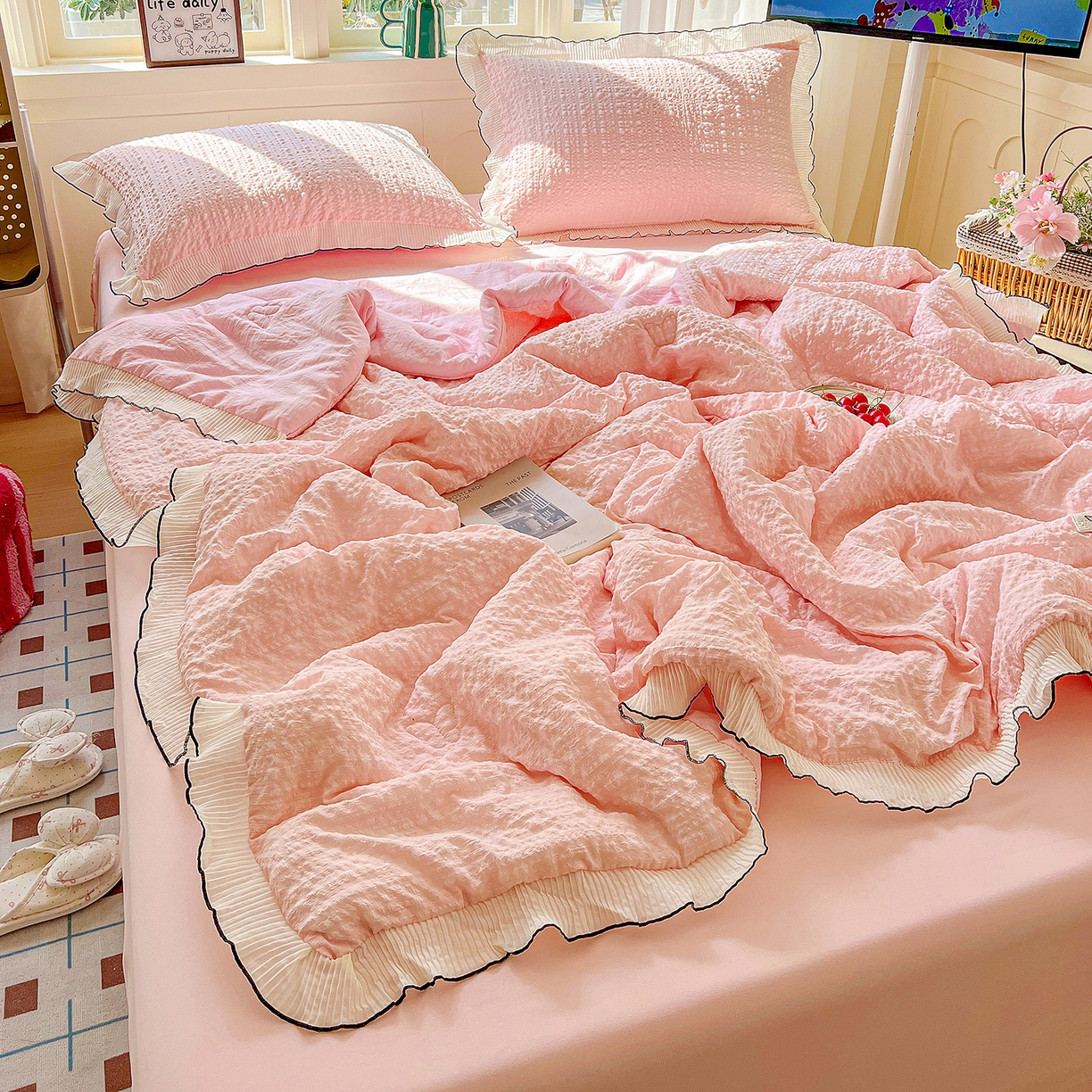 91家纺网 家纺一手货源 找家纺 寐居家纺 2026新款A类韩式提花泡芙夏被夏凉被空调被 桃桃泡芙