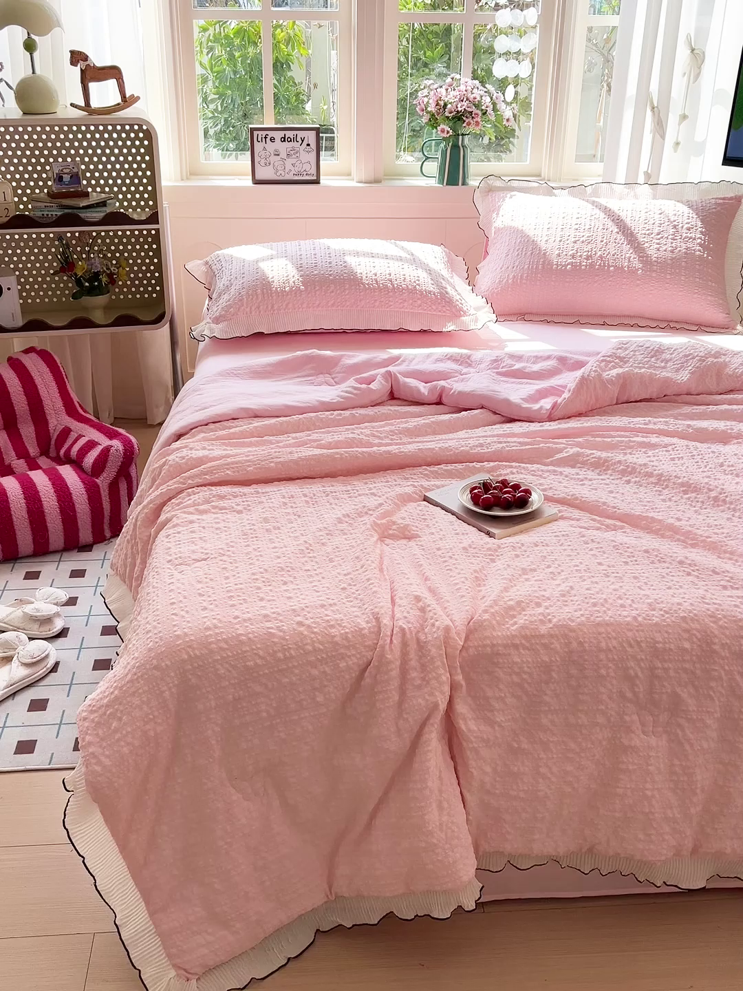 91家纺网 家纺一手货源 找家纺 寐居家纺 2026新款A类韩式提花泡芙夏被夏凉被空调被 桃桃泡芙