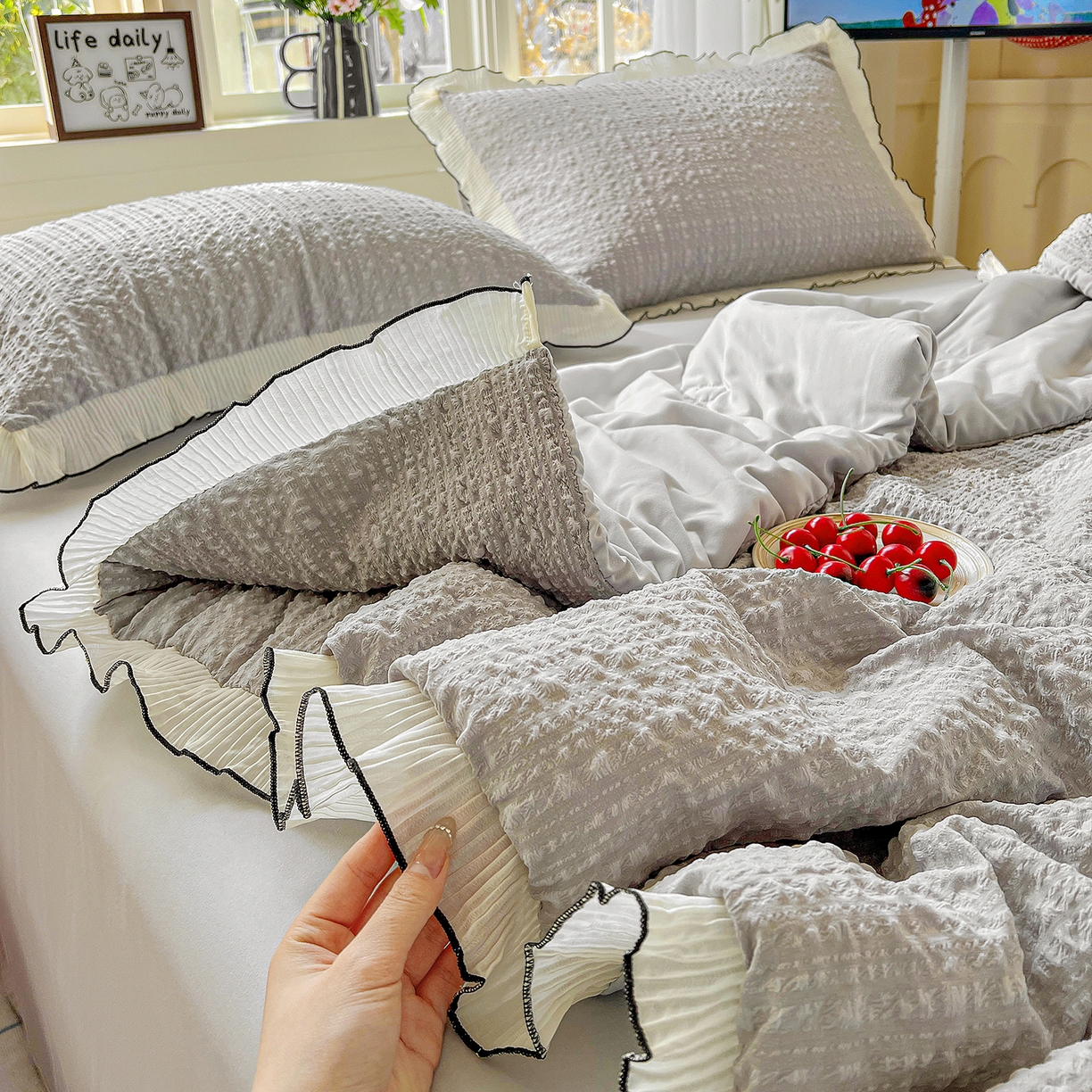 91家纺网 家纺一手货源 找家纺 寐居家纺 2026新款A类韩式提花泡芙夏被夏凉被空调被 雾灰泡芙