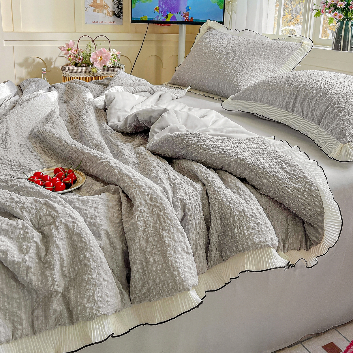 91家纺网 家纺一手货源 找家纺 寐居家纺 2026新款A类韩式提花泡芙夏被夏凉被空调被 雾灰泡芙