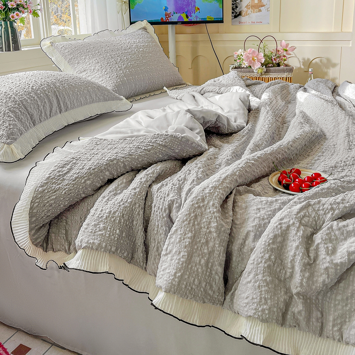 91家纺网 家纺一手货源 找家纺 寐居家纺 2026新款A类韩式提花泡芙夏被夏凉被空调被 雾灰泡芙