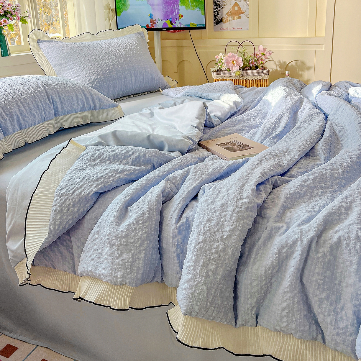 91家纺网 家纺一手货源 找家纺 寐居家纺 2026新款A类韩式提花泡芙夏被夏凉被空调被 雾蓝泡芙