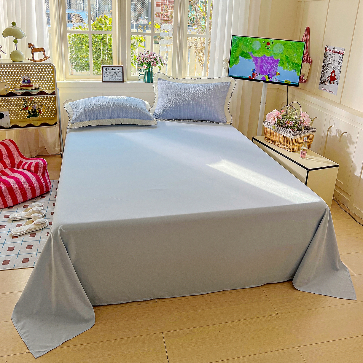 91家纺网 家纺一手货源 找家纺 寐居家纺 2026新款A类韩式提花泡芙夏被夏凉被空调被 雾蓝泡芙