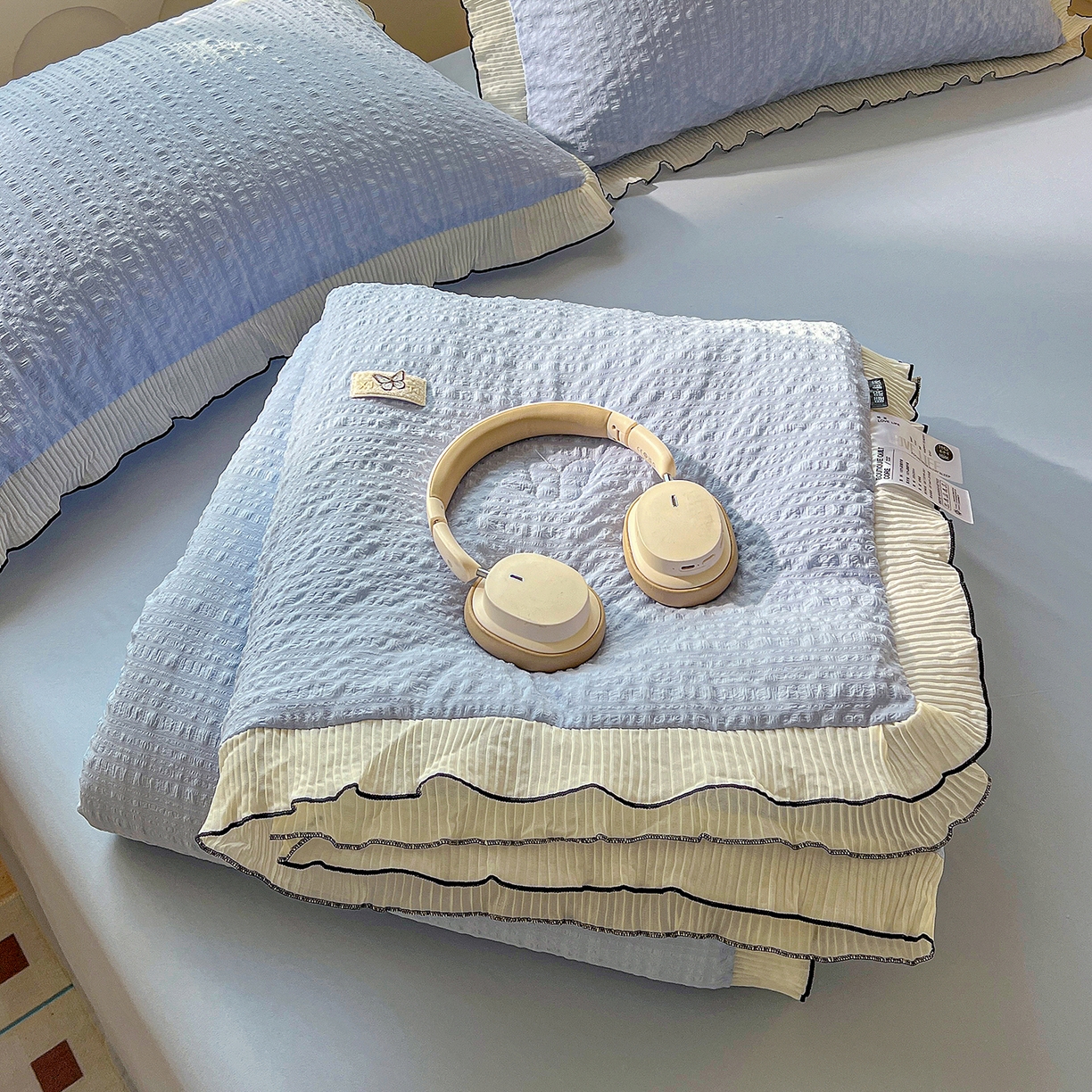 91家纺网 家纺一手货源 找家纺 寐居家纺 2026新款A类韩式提花泡芙夏被夏凉被空调被 雾蓝泡芙