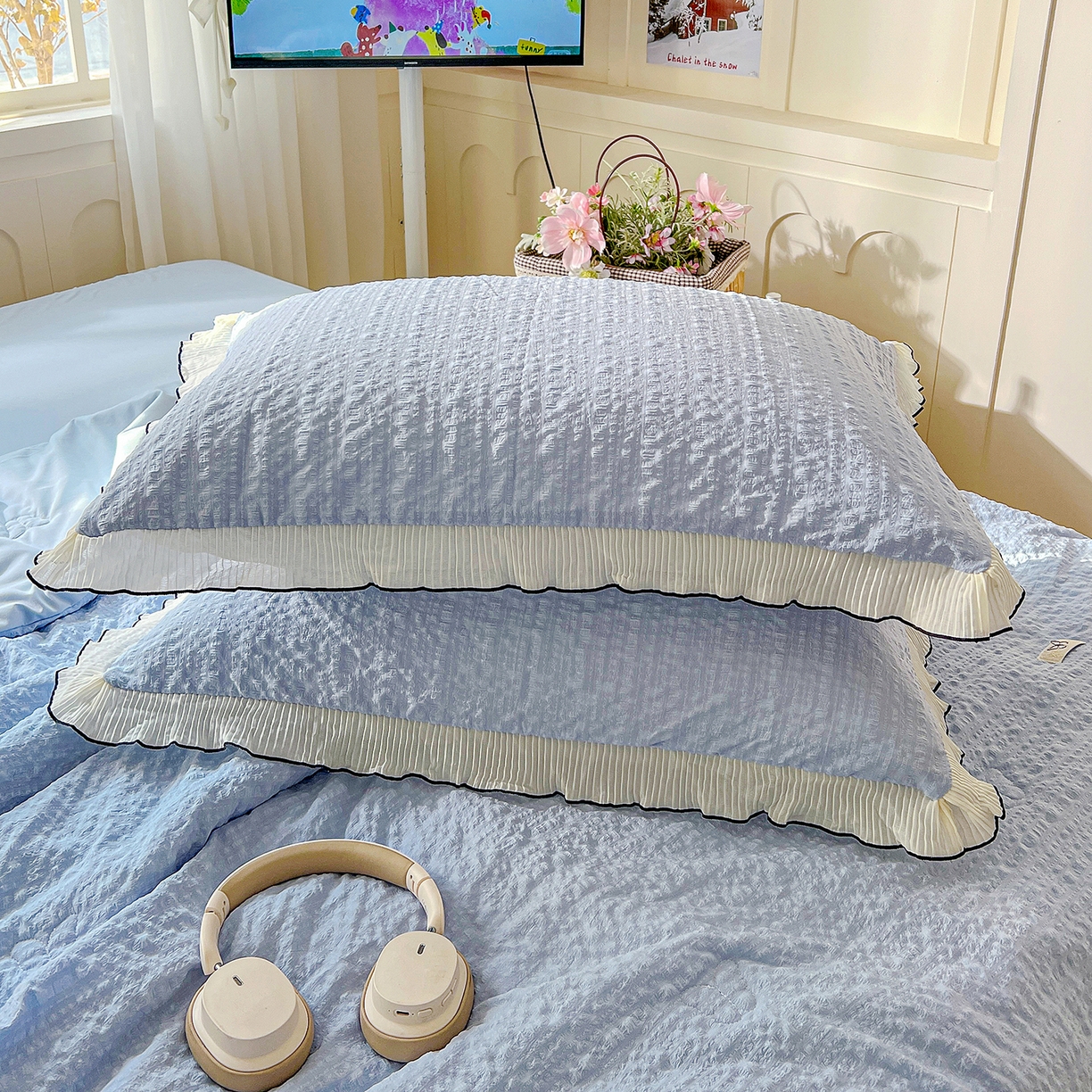 91家纺网 家纺一手货源 找家纺 寐居家纺 2026新款A类韩式提花泡芙夏被夏凉被空调被 雾蓝泡芙