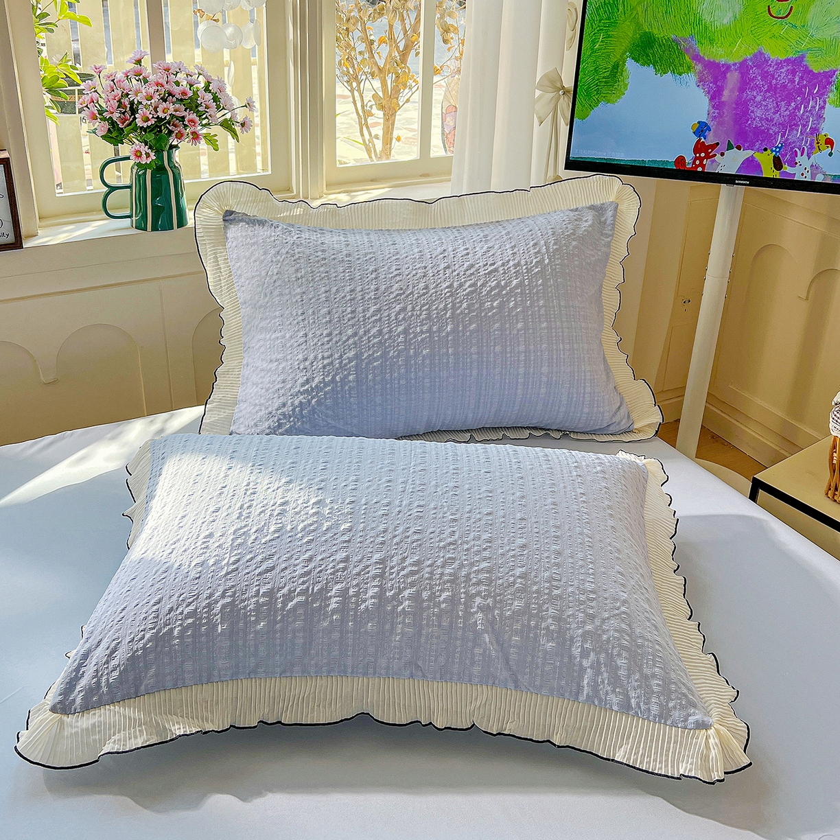 91家纺网 家纺一手货源 找家纺 寐居家纺 2026新款A类韩式提花泡芙夏被夏凉被空调被 雾蓝泡芙