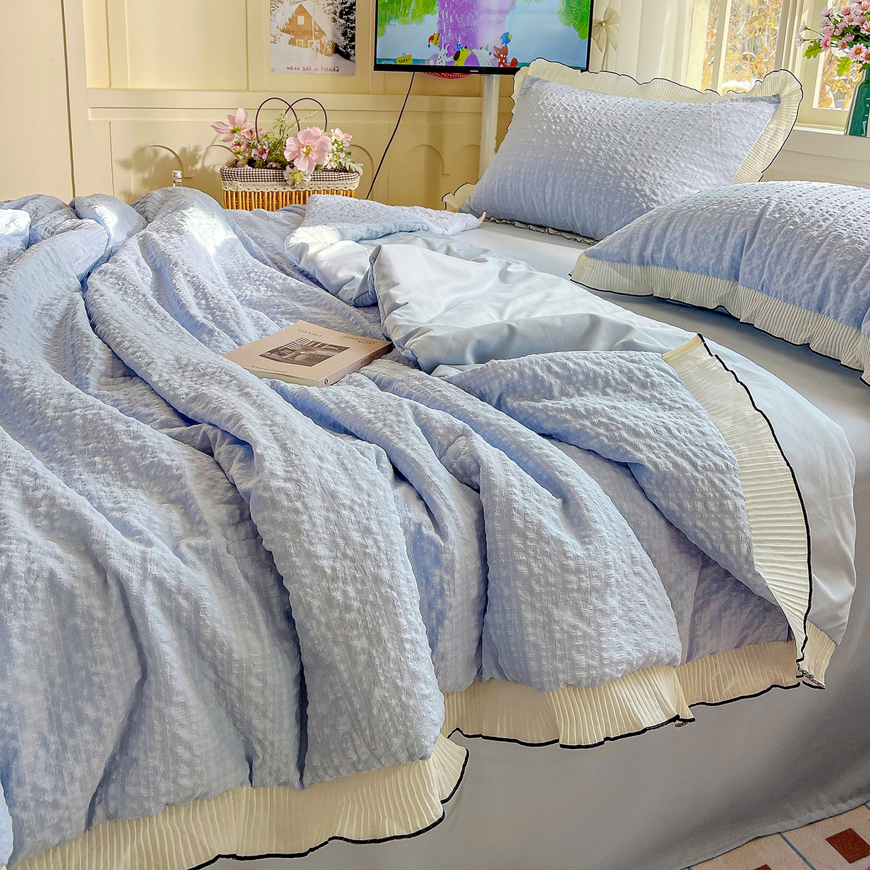 91家纺网 家纺一手货源 找家纺 寐居家纺 2026新款A类韩式提花泡芙夏被夏凉被空调被 雾蓝泡芙