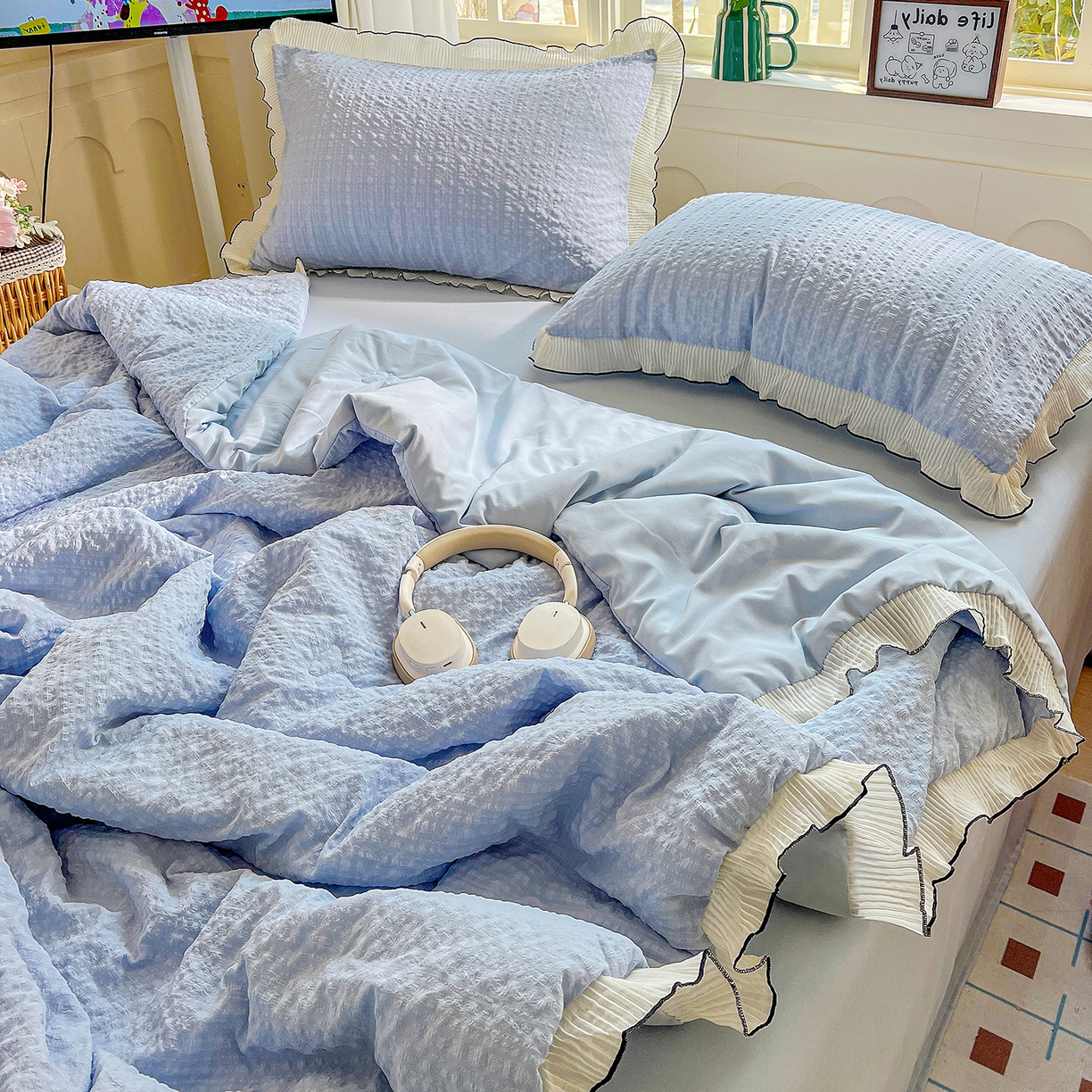 91家纺网 家纺一手货源 找家纺 寐居家纺 2026新款A类韩式提花泡芙夏被夏凉被空调被 雾蓝泡芙