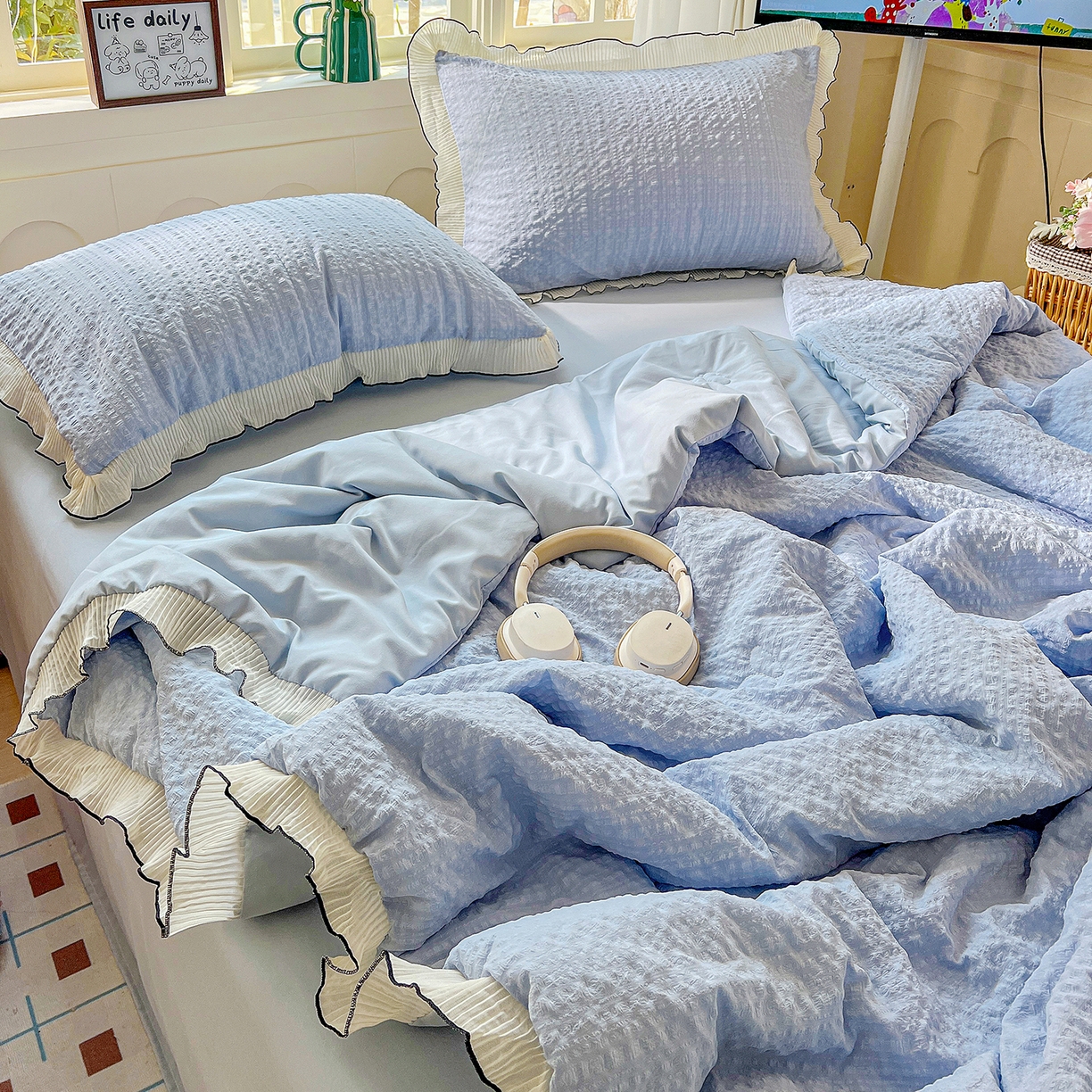 91家纺网 家纺一手货源 找家纺 寐居家纺 2026新款A类韩式提花泡芙夏被夏凉被空调被 雾蓝泡芙