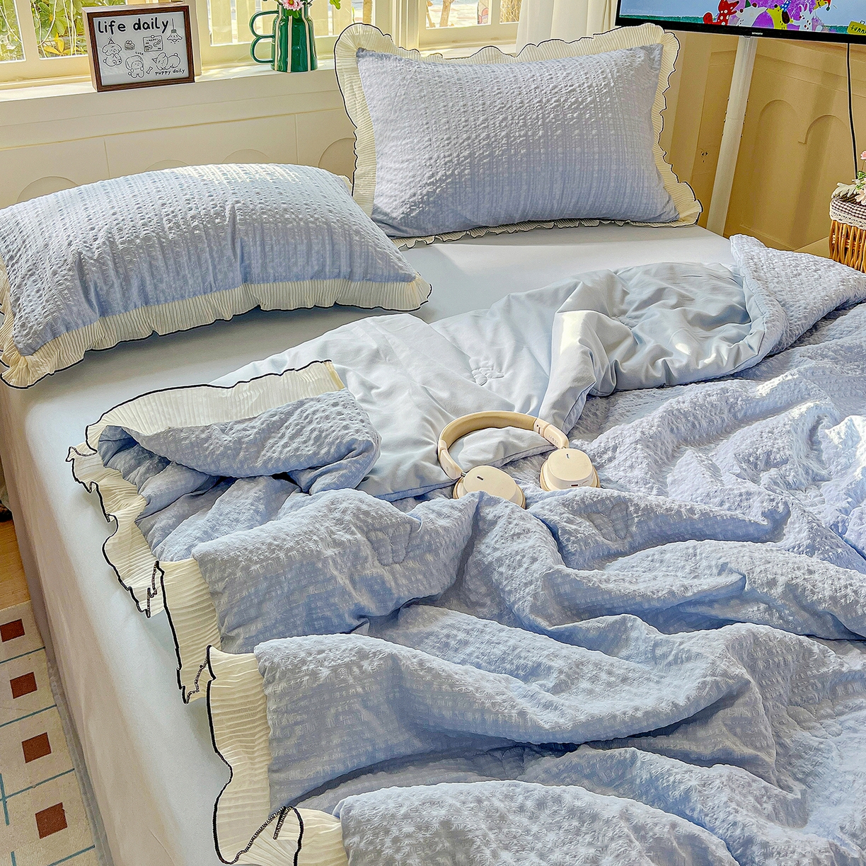 91家纺网 家纺一手货源 找家纺 寐居家纺 2026新款A类韩式提花泡芙夏被夏凉被空调被 雾蓝泡芙