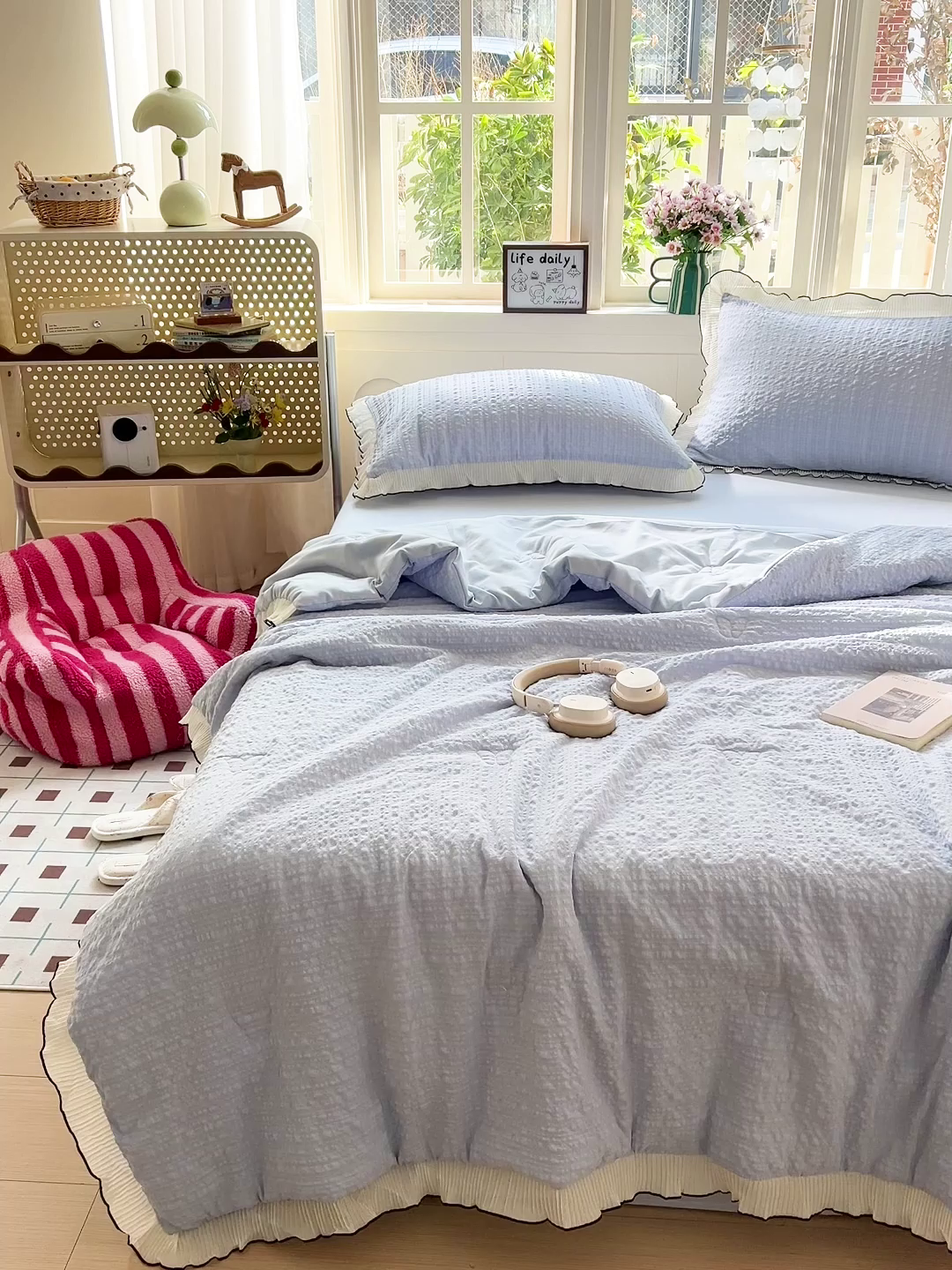 91家纺网 家纺一手货源 找家纺 寐居家纺 2026新款A类韩式提花泡芙夏被夏凉被空调被 雾蓝泡芙