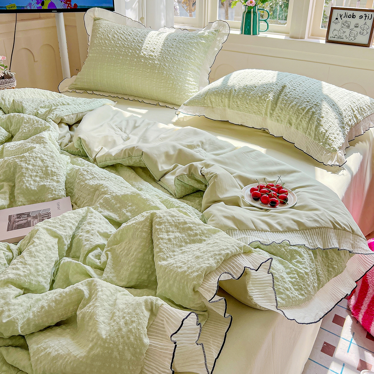 91家纺网 家纺一手货源 找家纺 寐居家纺 2026新款A类韩式提花泡芙夏被夏凉被空调被 芽绿泡芙