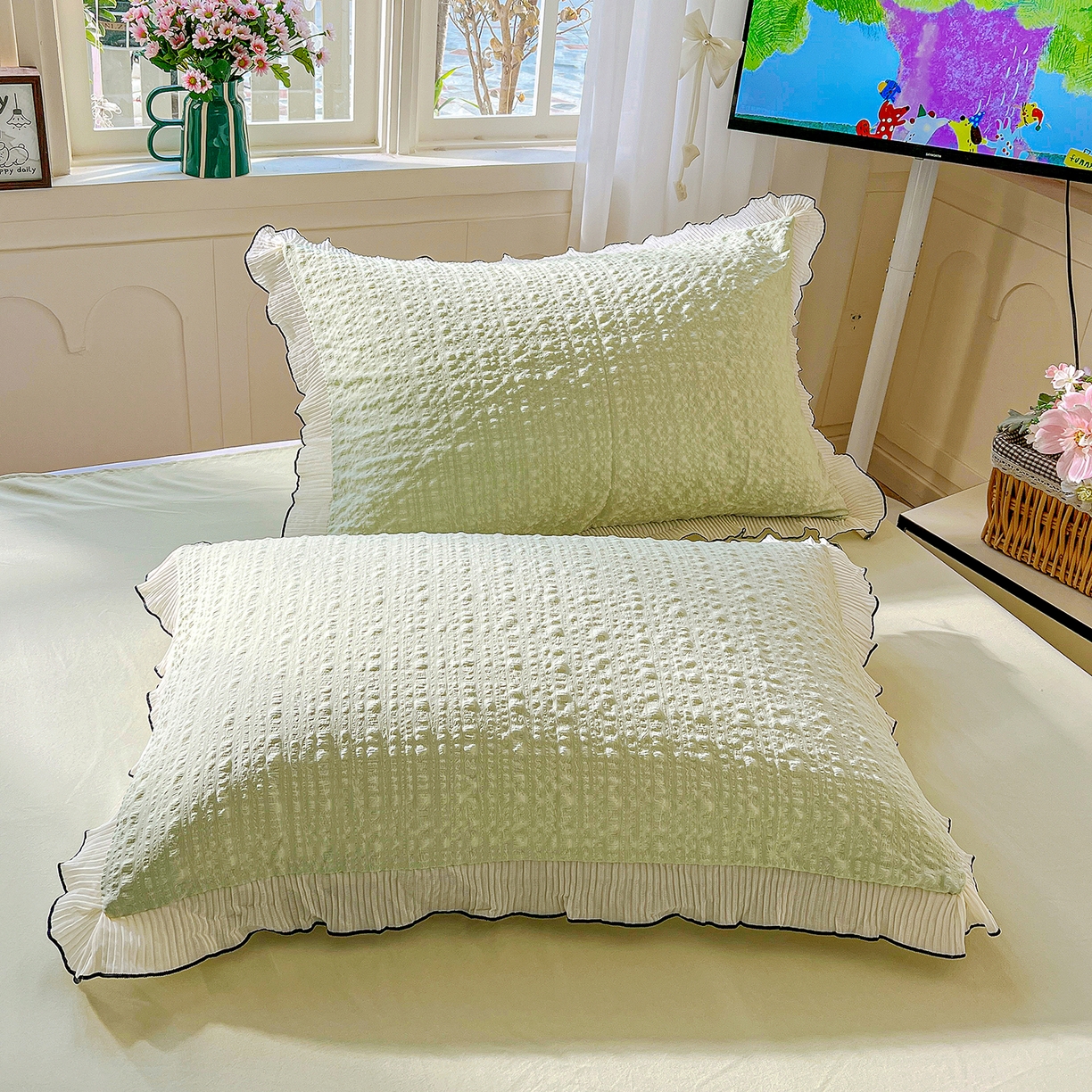 91家纺网 家纺一手货源 找家纺 寐居家纺 2026新款A类韩式提花泡芙夏被夏凉被空调被 芽绿泡芙