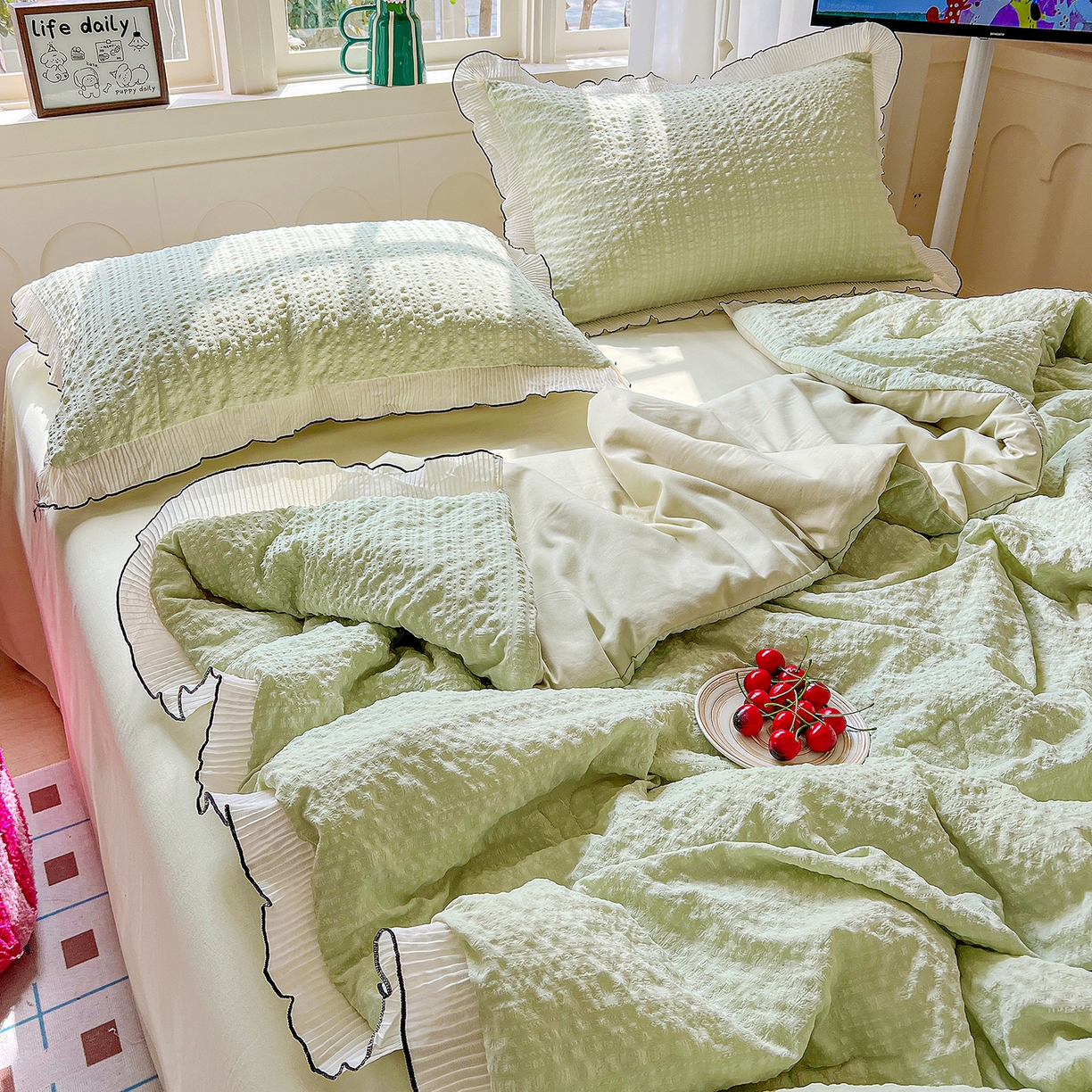 91家纺网 家纺一手货源 找家纺 寐居家纺 2026新款A类韩式提花泡芙夏被夏凉被空调被 芽绿泡芙