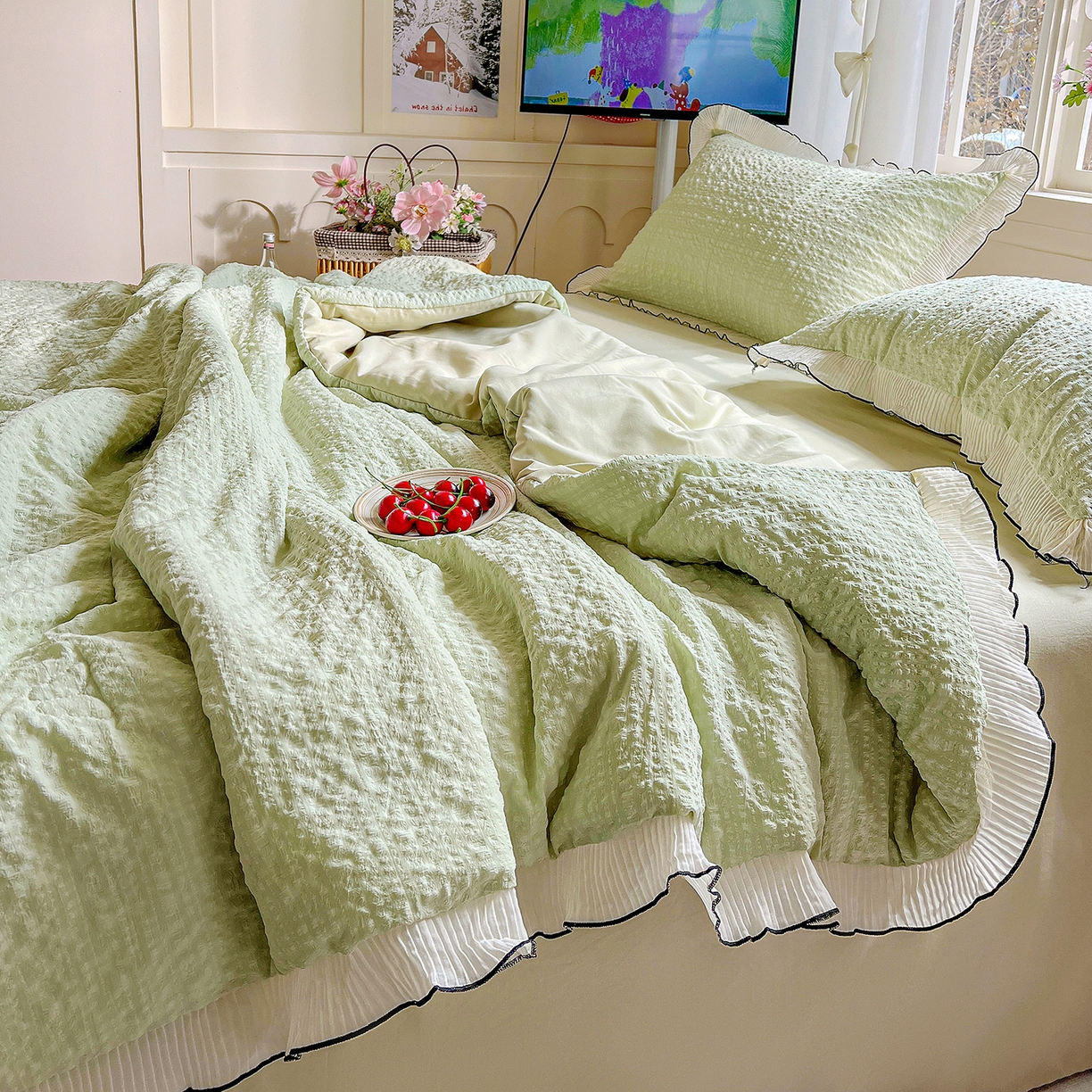 91家纺网 家纺一手货源 找家纺 寐居家纺 2026新款A类韩式提花泡芙夏被夏凉被空调被 芽绿泡芙