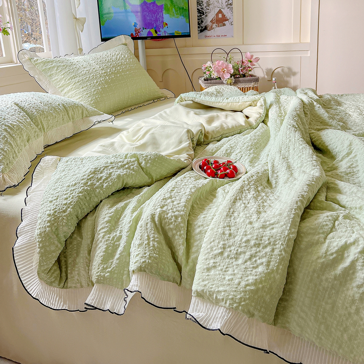 91家纺网 家纺一手货源 找家纺 寐居家纺 2026新款A类韩式提花泡芙夏被夏凉被空调被 芽绿泡芙