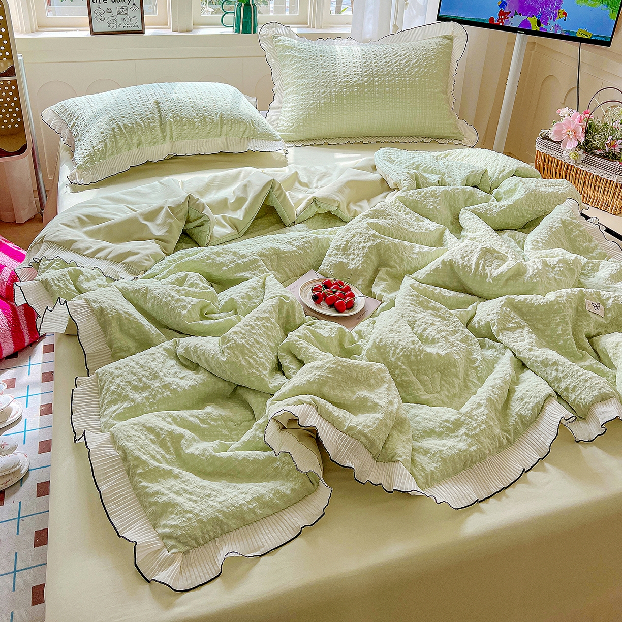 91家纺网 家纺一手货源 找家纺 寐居家纺 2026新款A类韩式提花泡芙夏被夏凉被空调被 芽绿泡芙