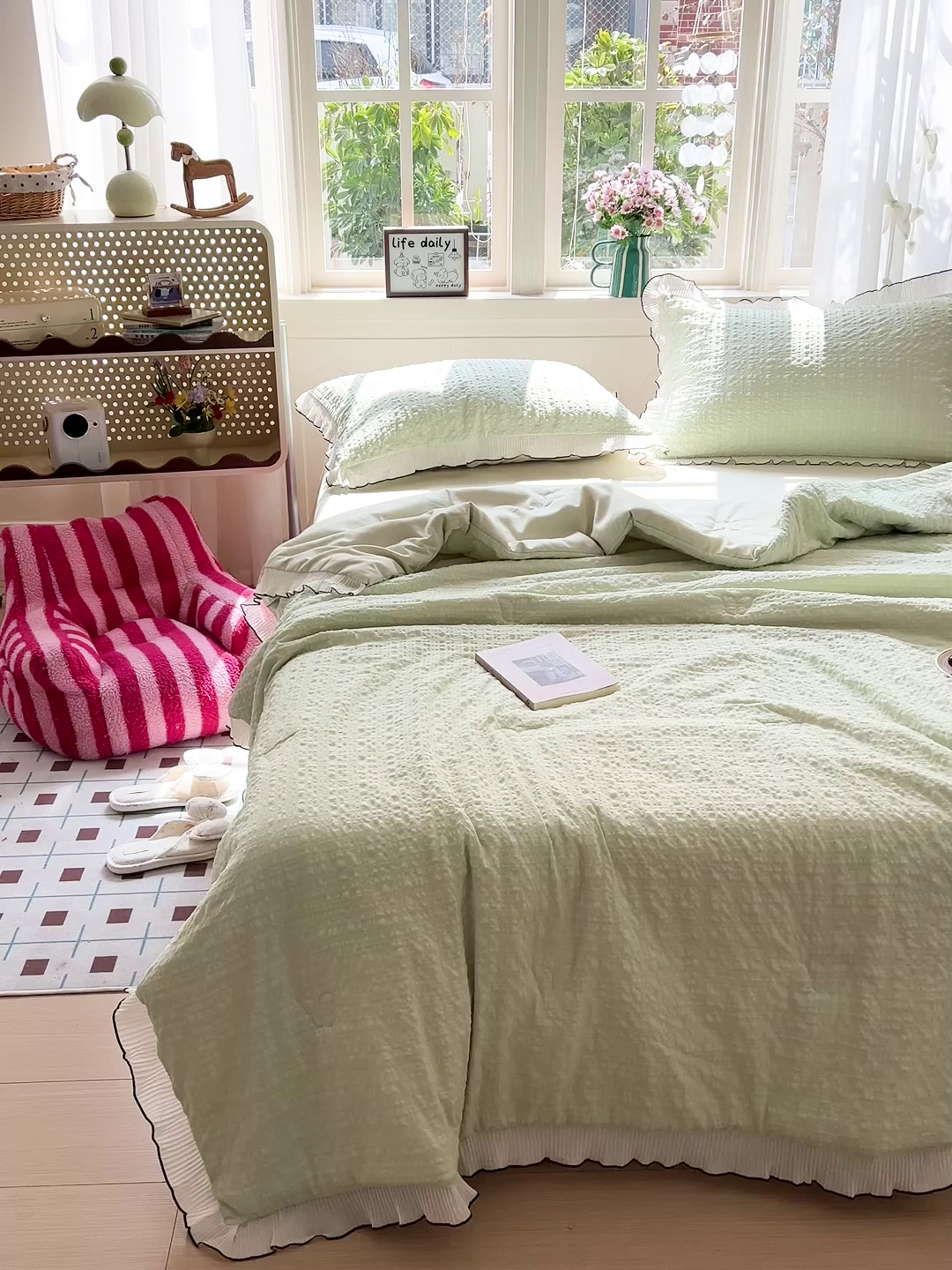 91家纺网 家纺一手货源 找家纺 寐居家纺 2026新款A类韩式提花泡芙夏被夏凉被空调被 芽绿泡芙