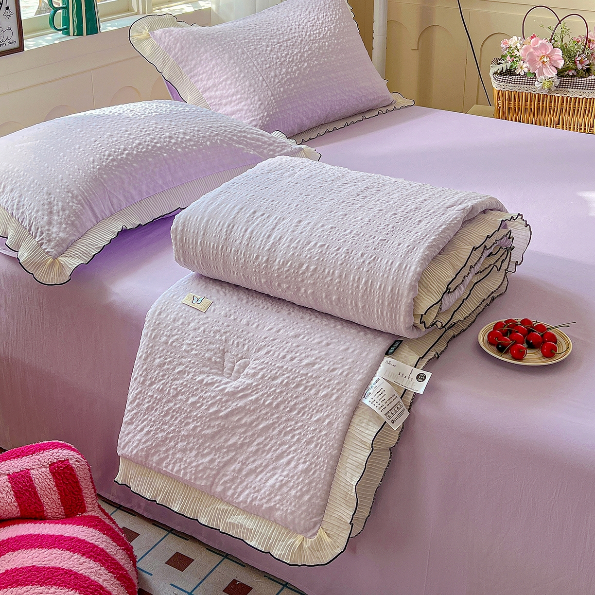 91家纺网 家纺一手货源 找家纺 寐居家纺 2026新款A类韩式提花泡芙夏被夏凉被空调被 紫雾泡芙