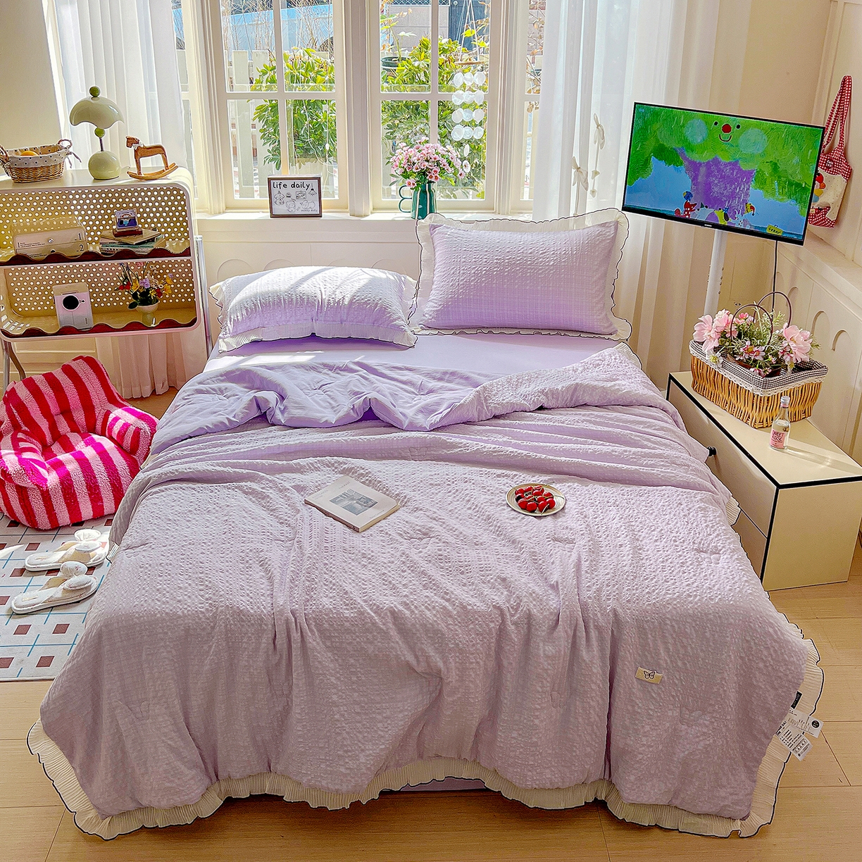 91家纺网 家纺一手货源 找家纺 寐居家纺 2026新款A类韩式提花泡芙夏被夏凉被空调被 紫雾泡芙