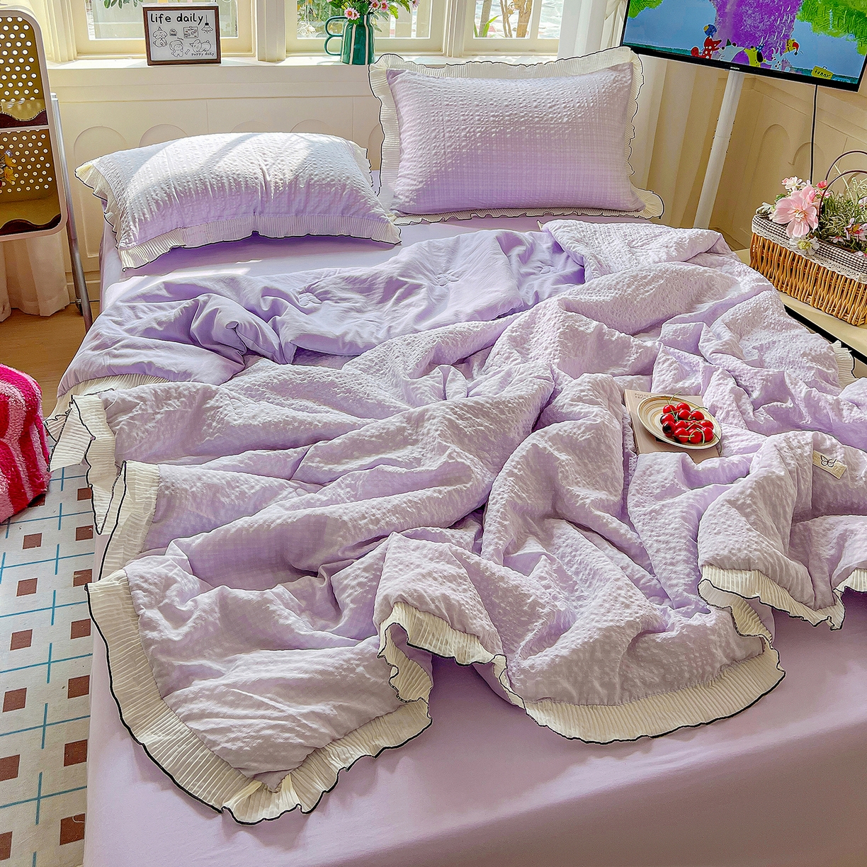 91家纺网 家纺一手货源 找家纺 寐居家纺 2026新款A类韩式提花泡芙夏被夏凉被空调被 紫雾泡芙