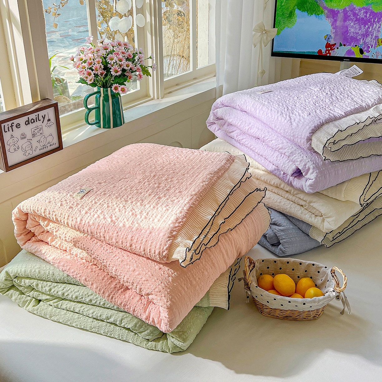 91家纺网 家纺一手货源 找家纺 寐居家纺 2026新款A类韩式提花泡芙夏被夏凉被空调被 组合图仅供展示-不可下单