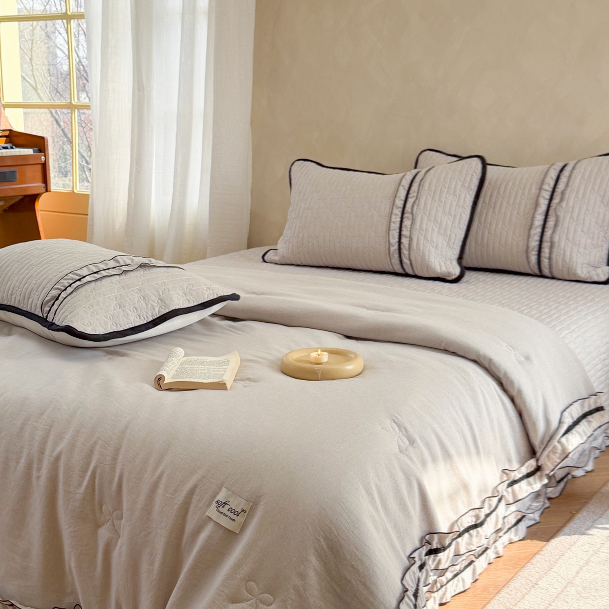 91家纺网 家纺一手货源 找家纺 寐居家纺 2026新款雨露麻夏被床盖四件套 雨露-奶茶棕