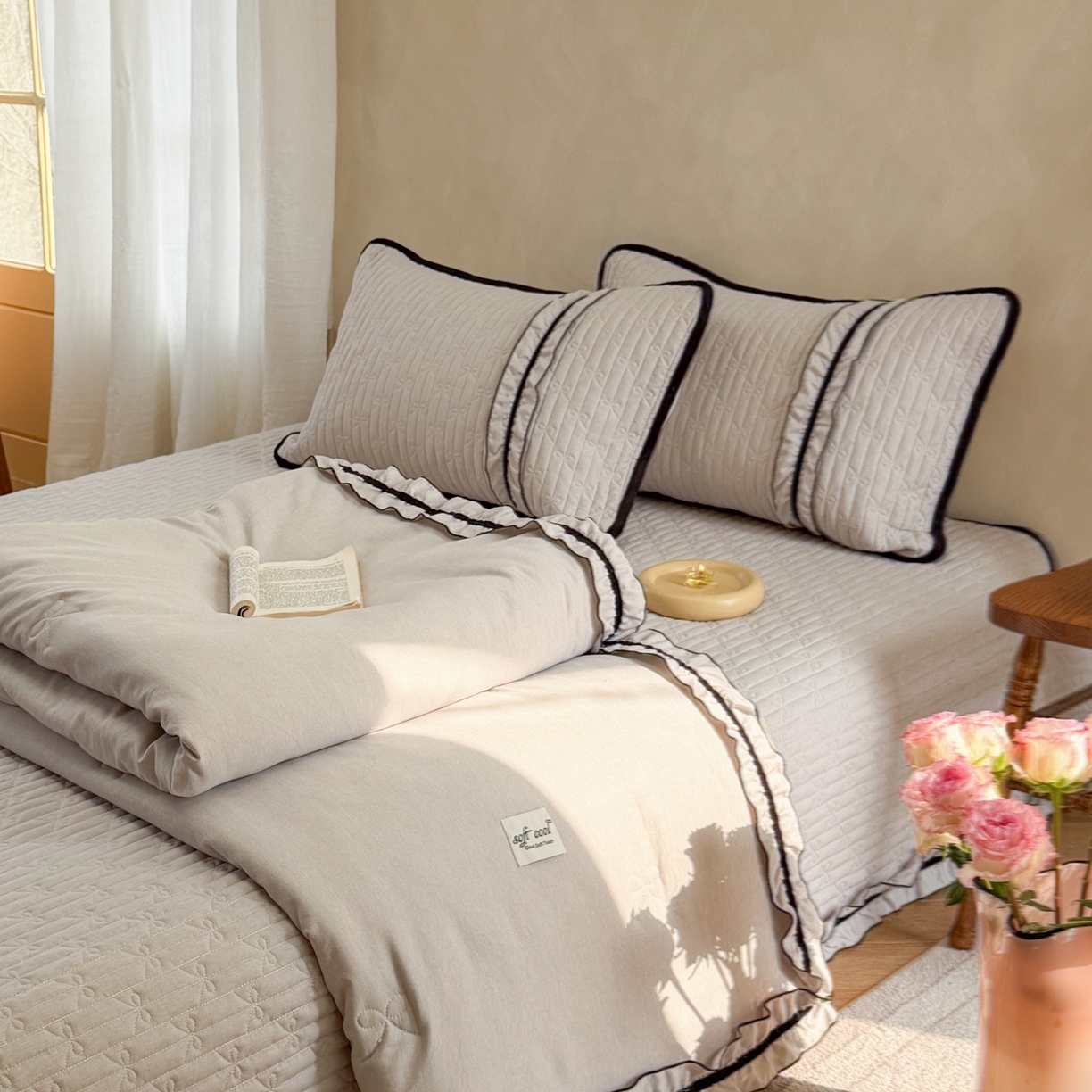 寐居家纺 2026新款雨露麻夏被床盖四件套 雨露-奶茶棕