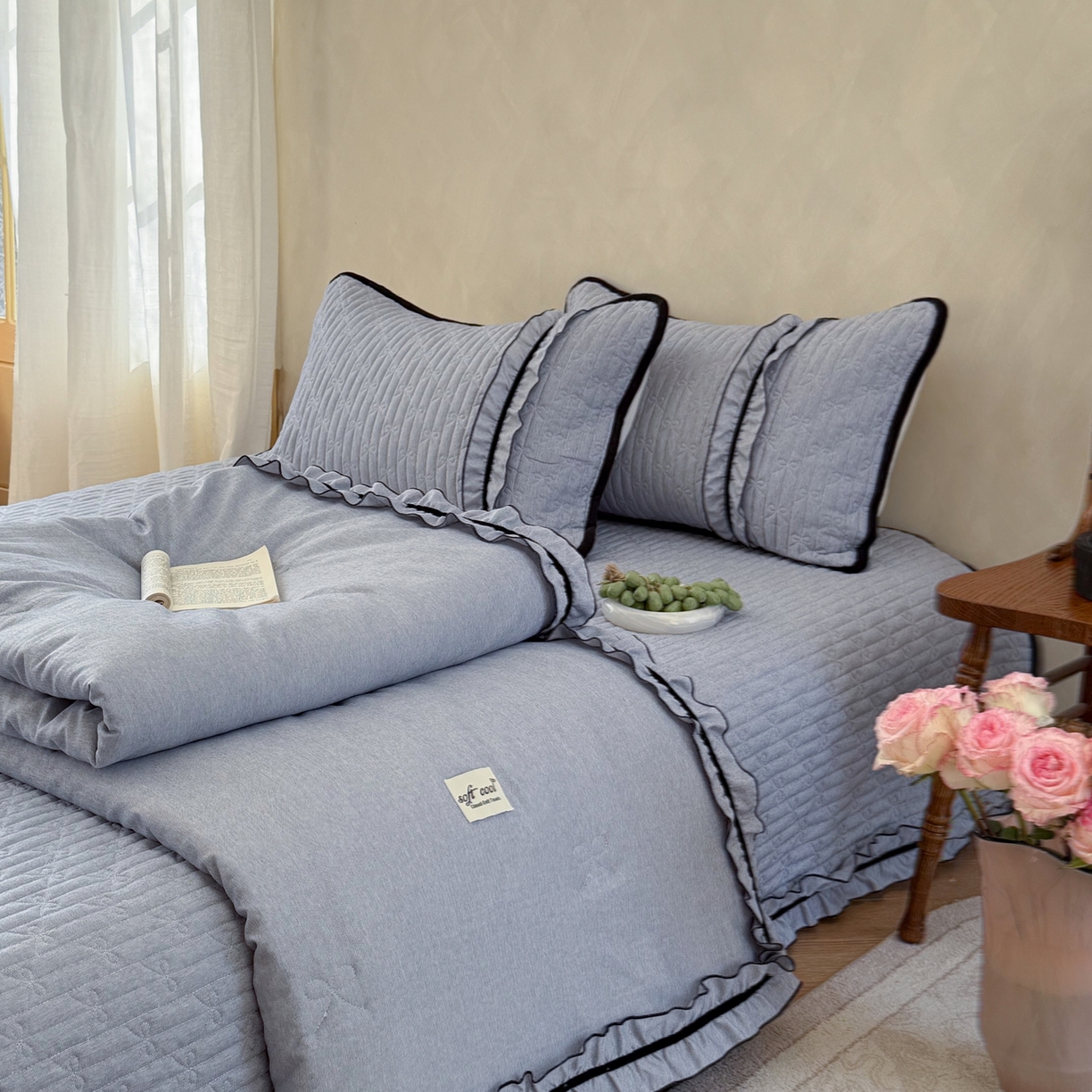 寐居家纺 2026新款雨露麻夏被床盖四件套 雨露-慕斯蓝