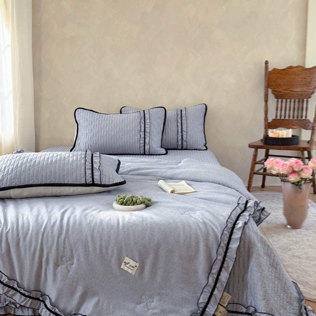 91家纺网 家纺一手货源 找家纺 寐居家纺 2026新款雨露麻夏被床盖四件套 雨露-慕斯蓝